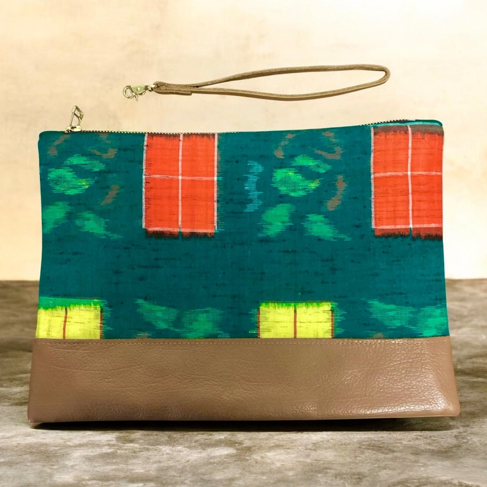 Kiriko Original Oregon Green Kasuri Ikat Woven Textile & Leather Wristlet